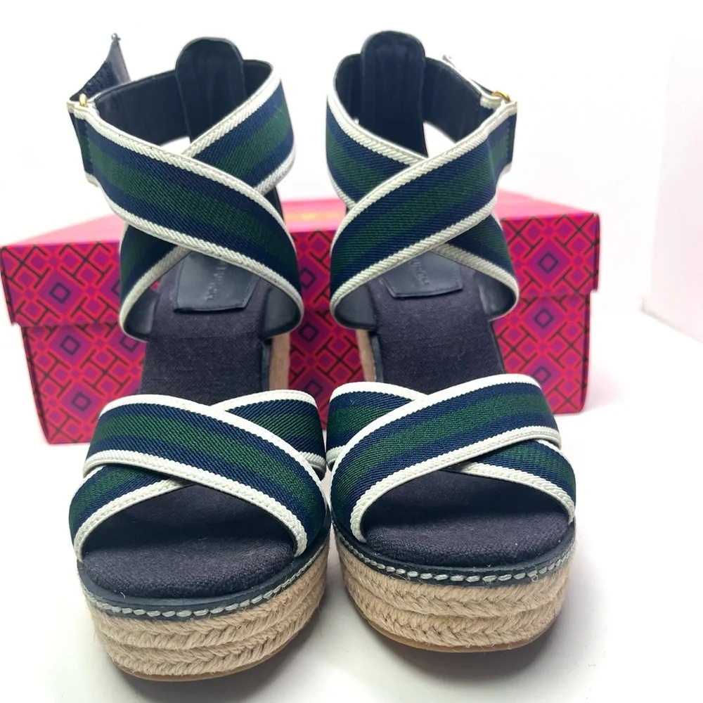 Tory Burch Frieda Platform Wedge Espadrille Blue Green Summer Sandals